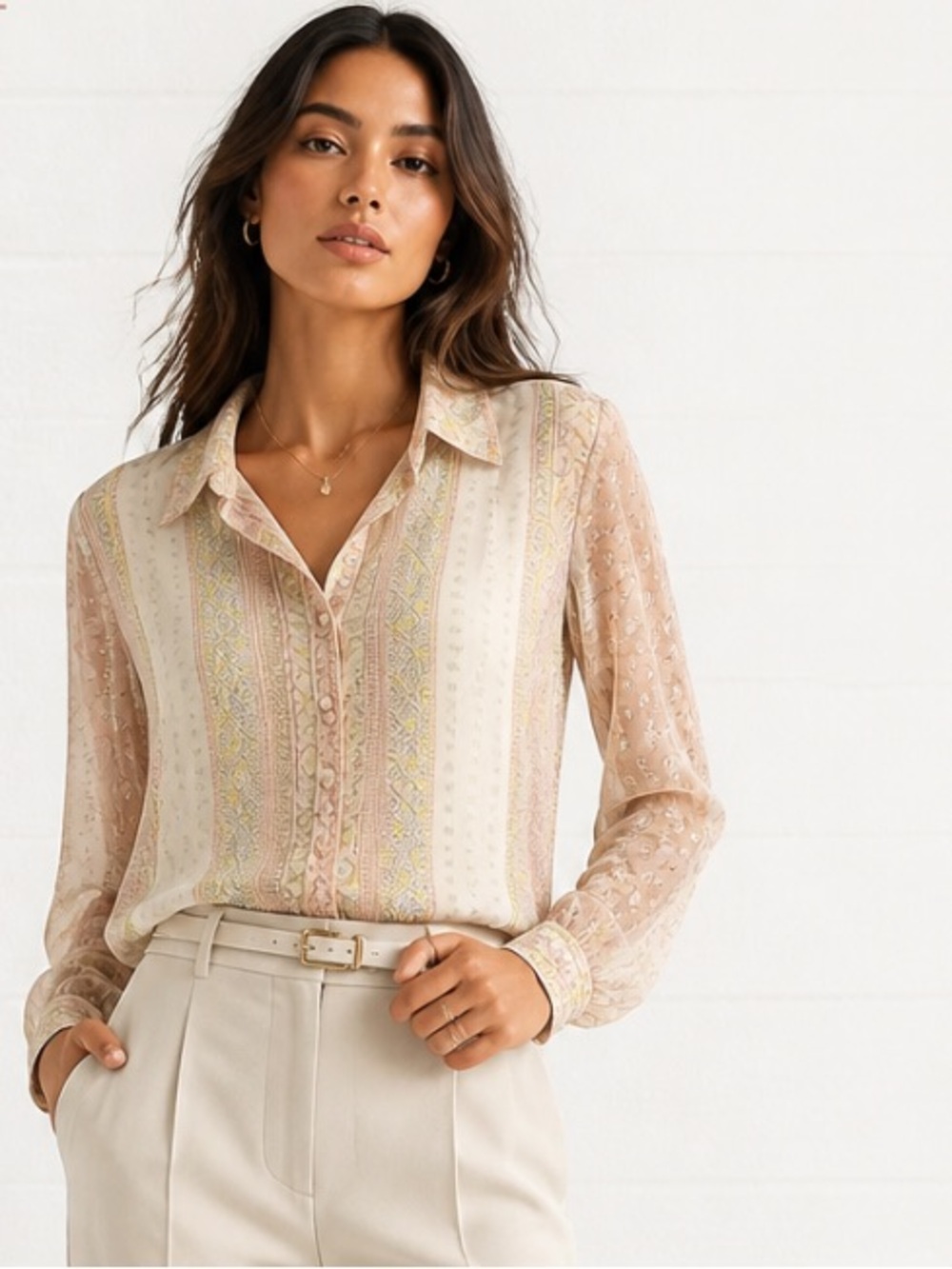 FREE PEOPLE Blouse Boho Sheer Pleated Floral Feminine Drawstring Lightweight
